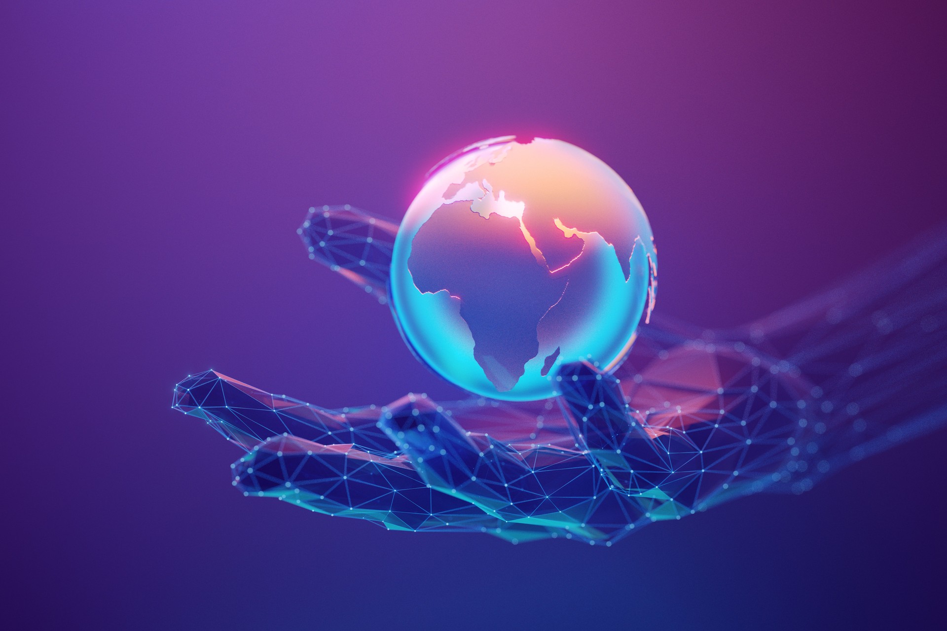 Globe 3d icon with Africa and Eurasia continents on front over the abstract on the abstract human hand made with atom array and plexus effect